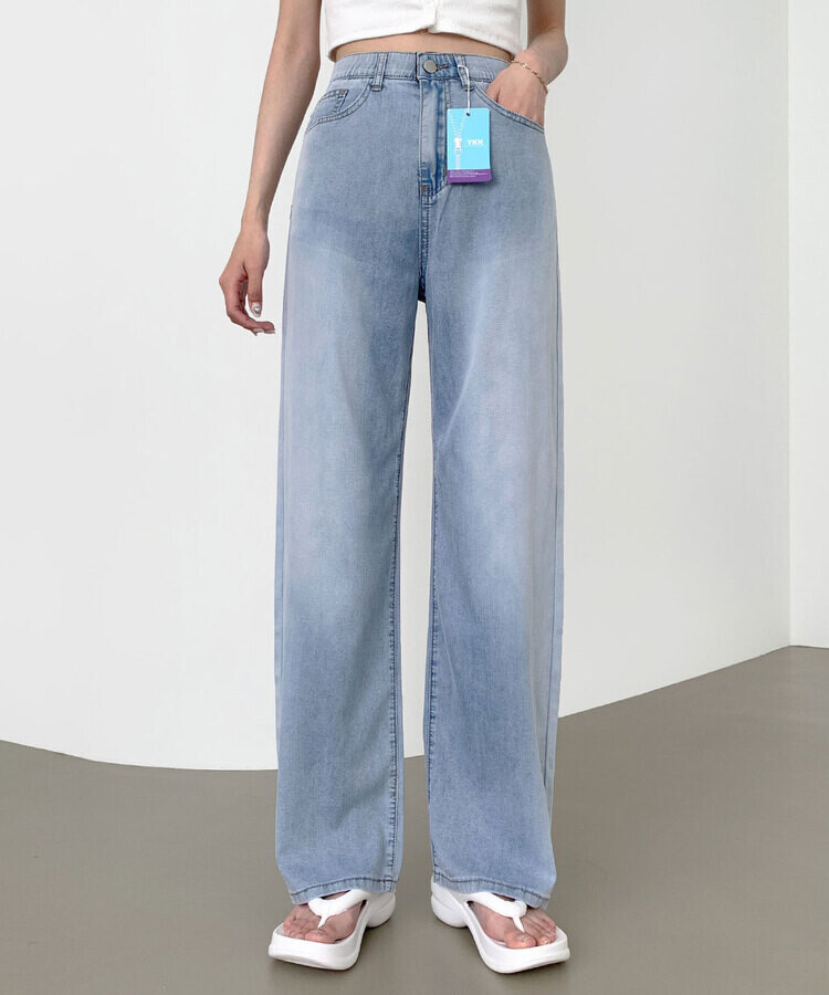 ウエストバンディングロングワイドデニムパンツ ライトブルー