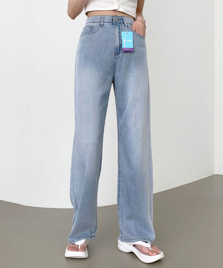 ウエストバンディングロングワイドデニムパンツ ライトブルー