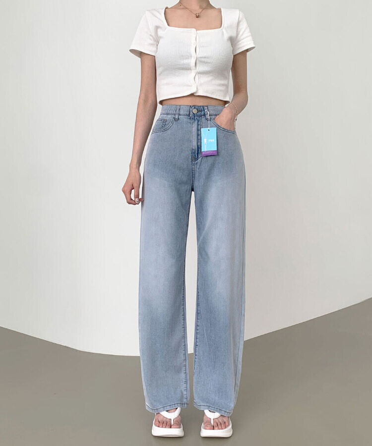 ウエストバンディングロングワイドデニムパンツ ライトブルー