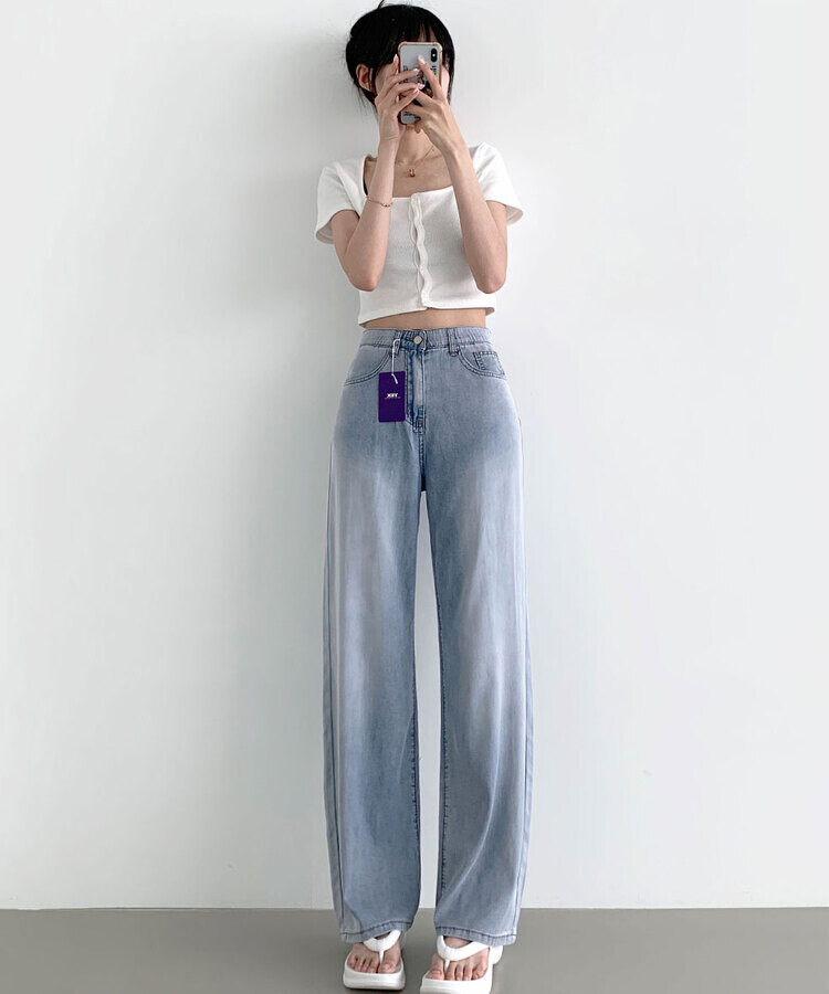 ウエストバンディングロングワイドデニムパンツ ライトブルー