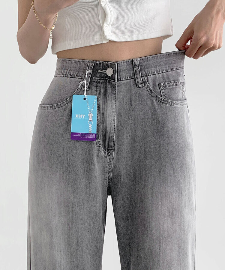 ウエストバンディングロングワイドデニムパンツ ライトグレー