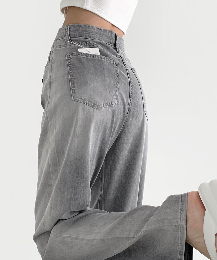 ウエストバンディングロングワイドデニムパンツ ライトグレー