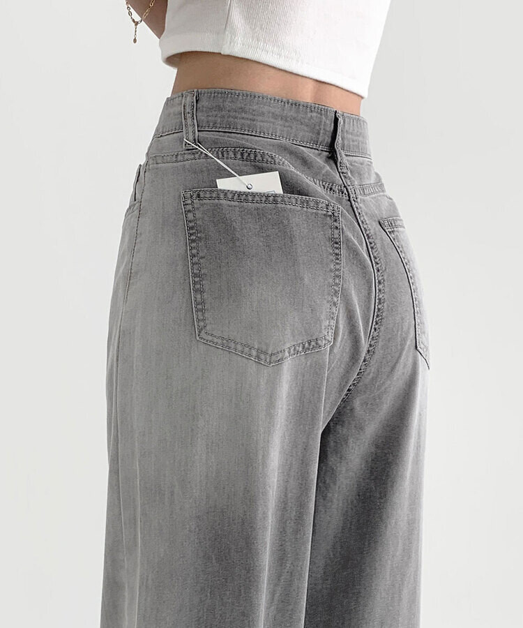 ウエストバンディングロングワイドデニムパンツ ライトグレー