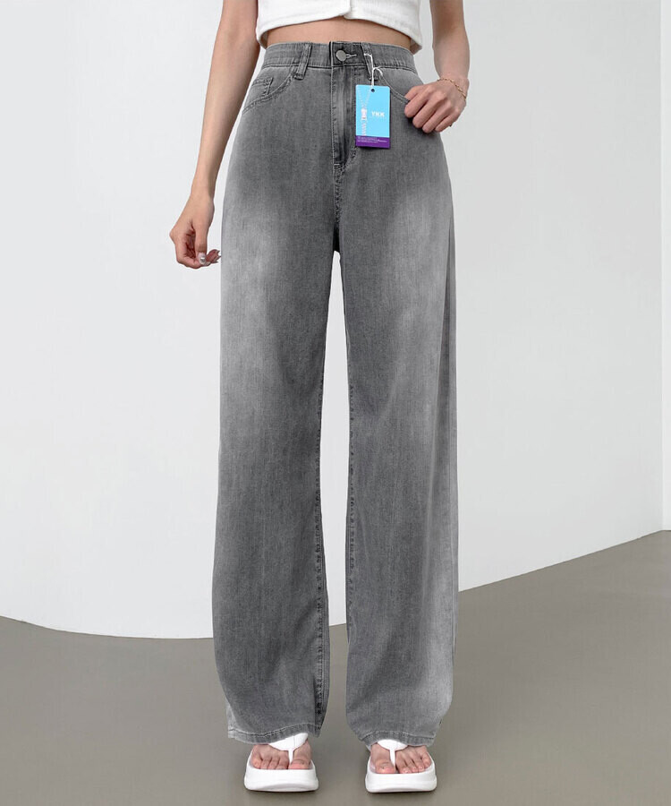 ウエストバンディングロングワイドデニムパンツ ライトグレー