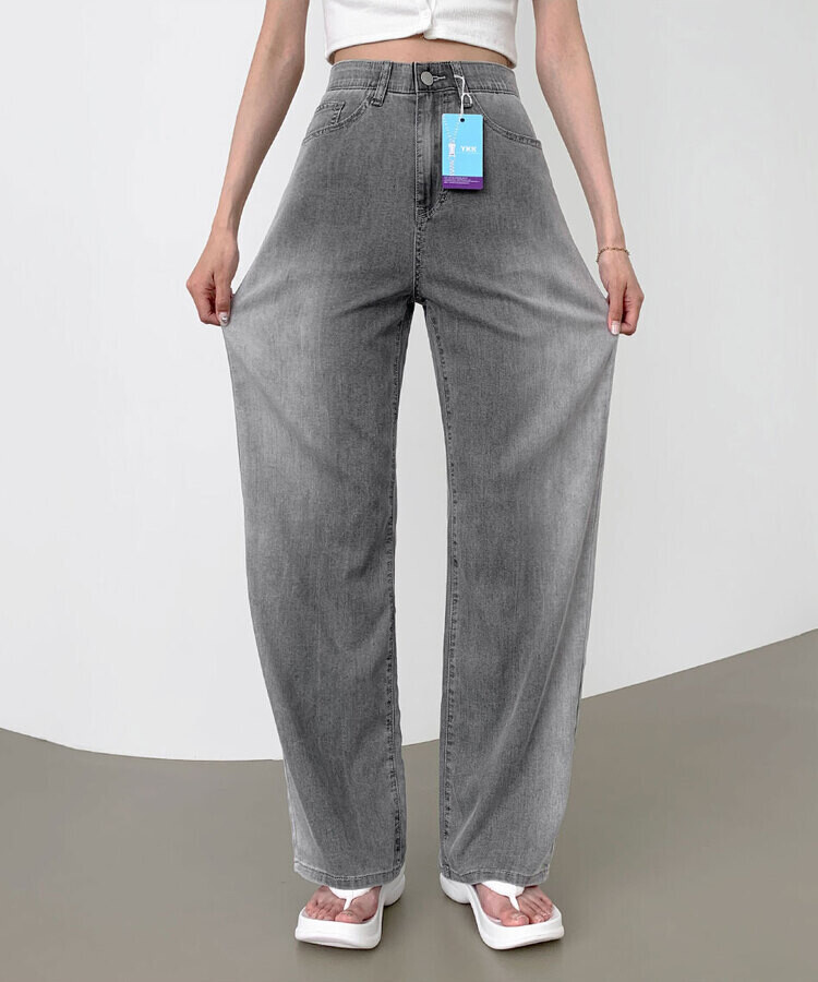 ウエストバンディングロングワイドデニムパンツ ライトグレー