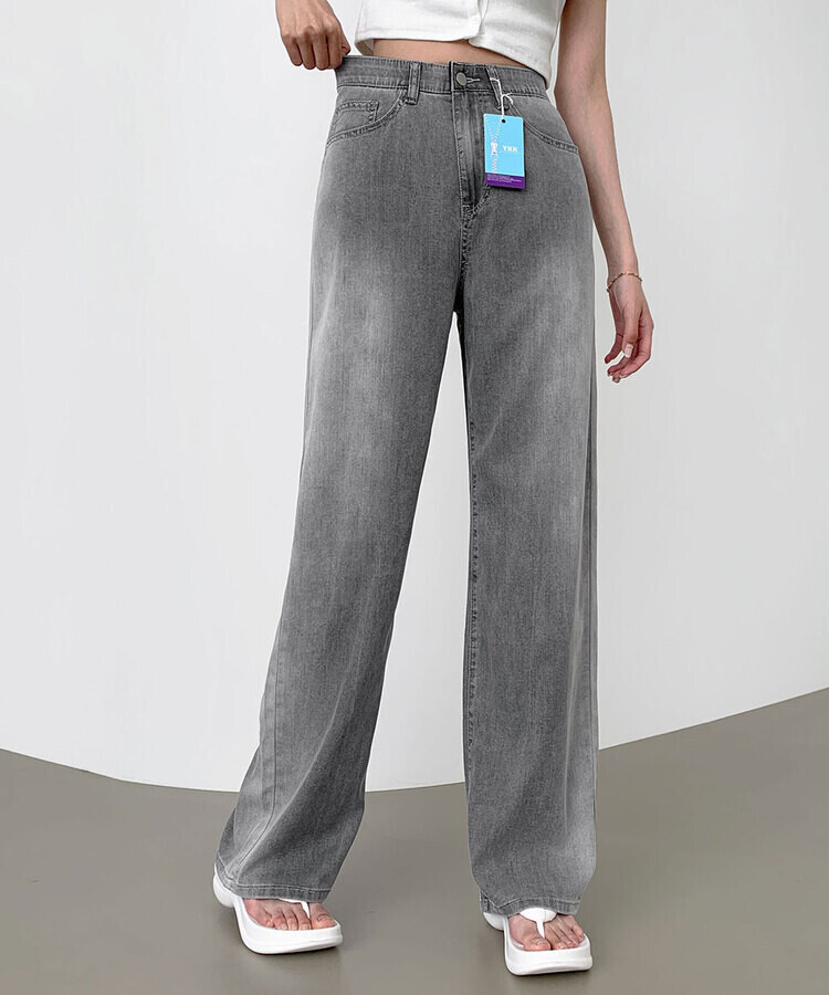 ウエストバンディングロングワイドデニムパンツ ライトグレー