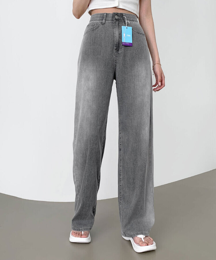 ウエストバンディングロングワイドデニムパンツ ライトグレー