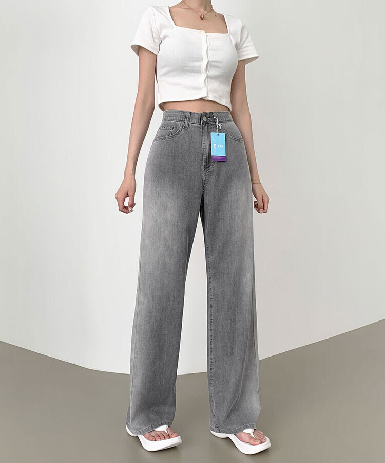 ウエストバンディングロングワイドデニムパンツ ライトグレー