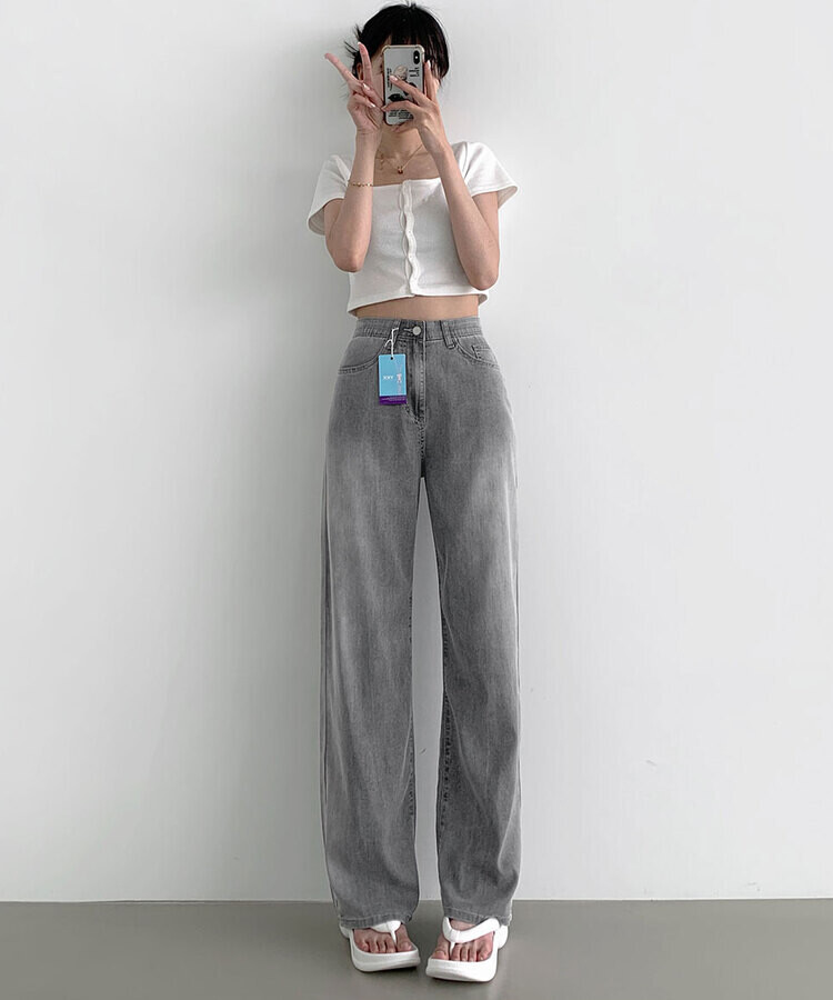 ウエストバンディングロングワイドデニムパンツ ライトグレー