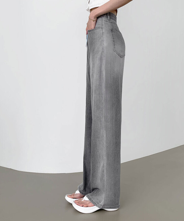 ウエストバンディングロングワイドデニムパンツ ライトグレー