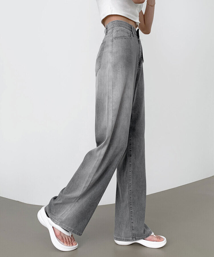 ウエストバンディングロングワイドデニムパンツ ライトグレー