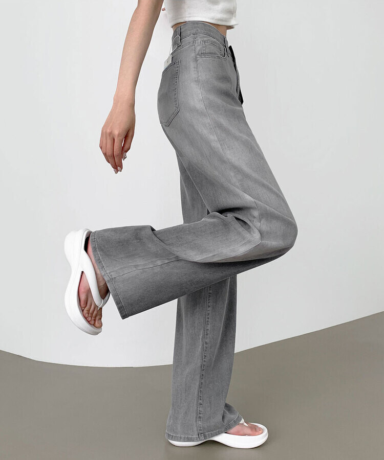 ウエストバンディングロングワイドデニムパンツ ライトグレー