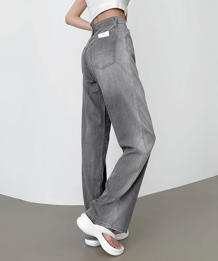 ウエストバンディングロングワイドデニムパンツ ライトグレー