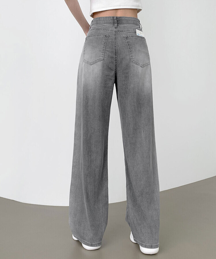 ウエストバンディングロングワイドデニムパンツ ライトグレー