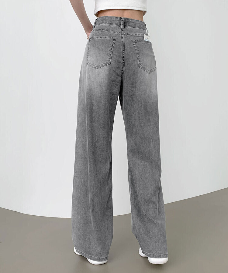 ウエストバンディングロングワイドデニムパンツ ライトグレー