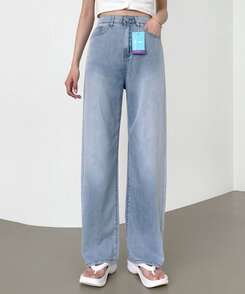 ウエストバンディングロングワイドデニムパンツ ライトブルー