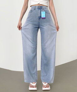 ウエストバンディングロングワイドデニムパンツ ライトブルー