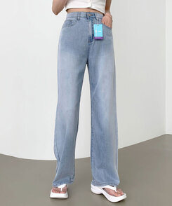 ウエストバンディングロングワイドデニムパンツ ライトブルー