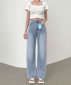 ウエストバンディングロングワイドデニムパンツ ライトブルー