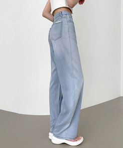ウエストバンディングロングワイドデニムパンツ ライトブルー