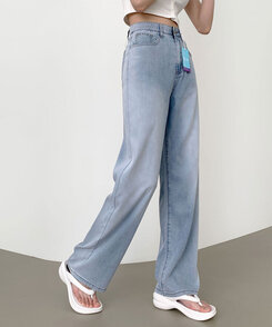 ウエストバンディングロングワイドデニムパンツ ライトブルー