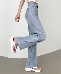 ウエストバンディングロングワイドデニムパンツ ライトブルー