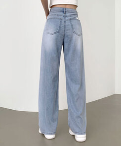 ウエストバンディングロングワイドデニムパンツ ライトブルー