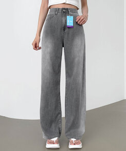 ウエストバンディングロングワイドデニムパンツ ライトグレー