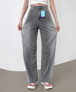 ウエストバンディングロングワイドデニムパンツ ライトグレー