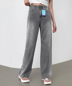 ウエストバンディングロングワイドデニムパンツ ライトグレー