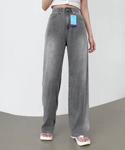 ウエストバンディングロングワイドデニムパンツ ライトグレー