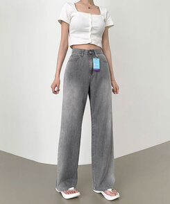 ウエストバンディングロングワイドデニムパンツ ライトグレー