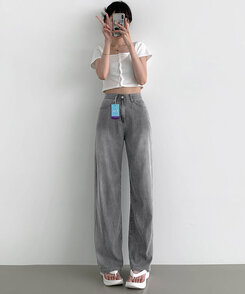 ウエストバンディングロングワイドデニムパンツ ライトグレー