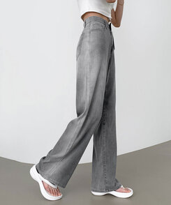 ウエストバンディングロングワイドデニムパンツ ライトグレー