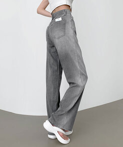 ウエストバンディングロングワイドデニムパンツ ライトグレー