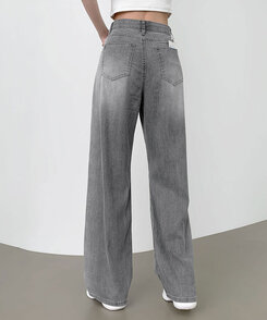 ウエストバンディングロングワイドデニムパンツ ライトグレー