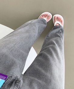 ウエストバンディングロングワイドデニムパンツ ライトグレー