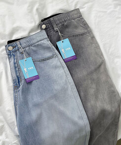 ウエストバンディングロングワイドデニムパンツ