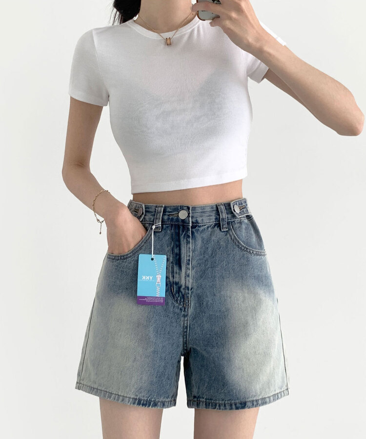 2XL가로 버튼 허리 조절하자 워싱 3부 4부 데님 반바지 빈티지연청