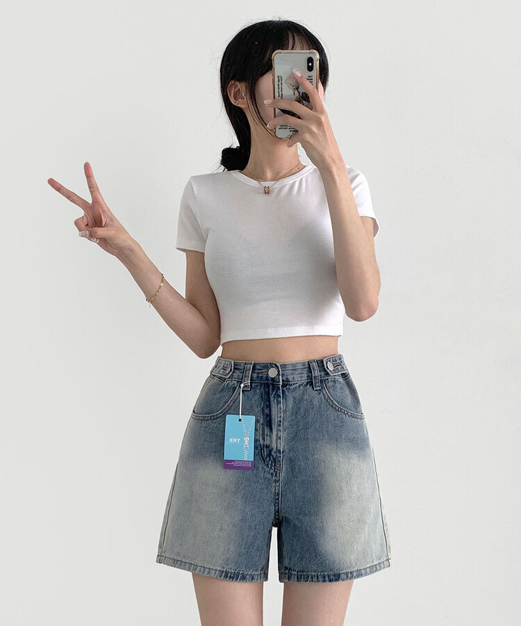 2XL가로 버튼 허리 조절하자 워싱 3부 4부 데님 반바지 빈티지연청