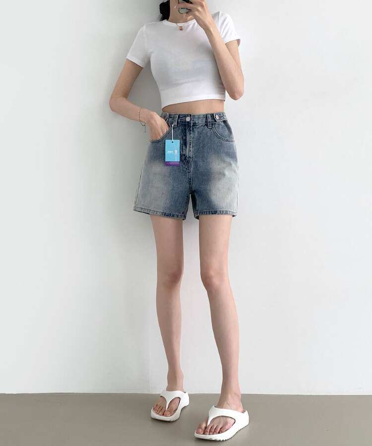 2XL가로 버튼 허리 조절하자 워싱 3부 4부 데님 반바지 빈티지연청