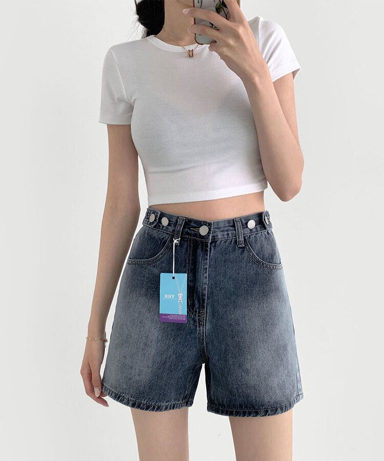 2XL가로 버튼 허리 조절하자 워싱 3부 4부 데님 반바지 빈티지중청