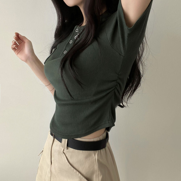 スリーボタンポケットスリムリブTシャツ6色 カーキ