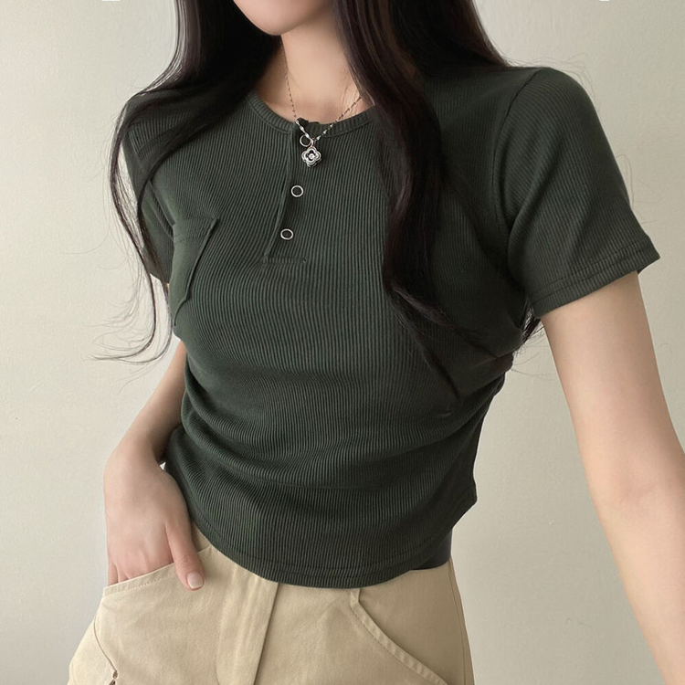 スリーボタンポケットスリムリブTシャツ6色 カーキ