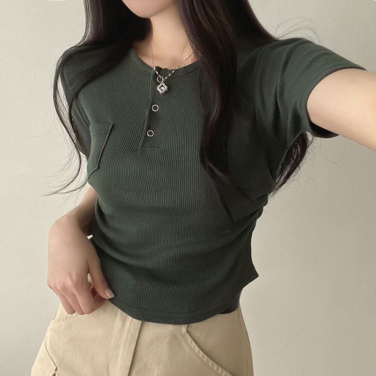 スリーボタンポケットスリムリブTシャツ6色 カーキ