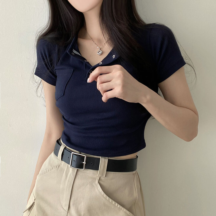 スリーボタンポケットスリムリブTシャツ6色 ネイビー