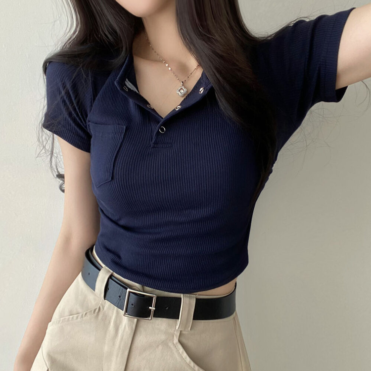 スリーボタンポケットスリムリブTシャツ6色 ネイビー