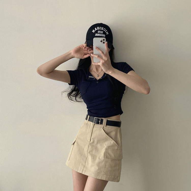 スリーボタンポケットスリムリブTシャツ6色 ネイビー