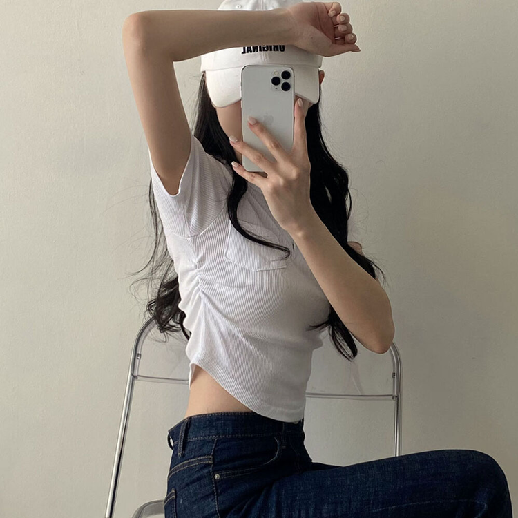 スリーボタンポケットスリムリブTシャツ6色 ホワイト