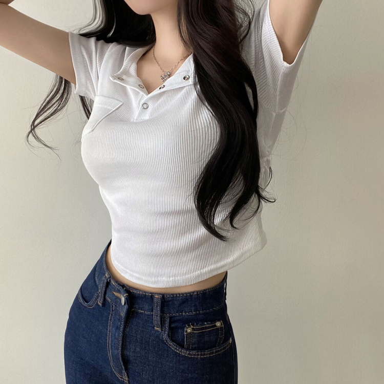 スリーボタンポケットスリムリブTシャツ6色 ホワイト